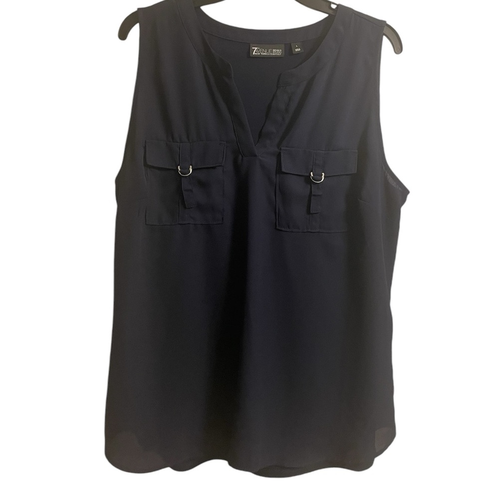 New York And Company 7th Avenue Navy Blue double Pocket Sleeveless Blouse Size L